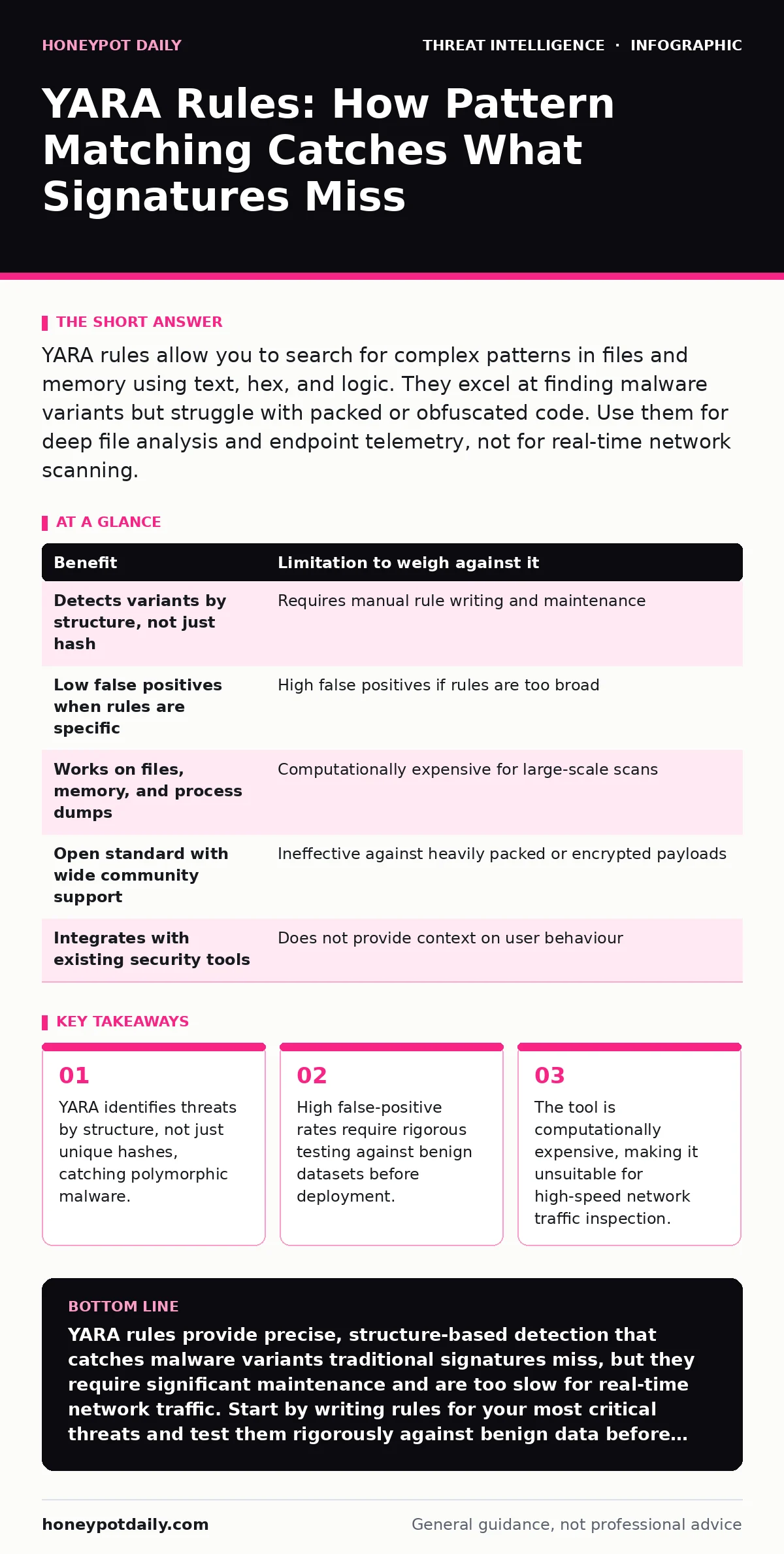 Infographic: YARA Rules: How Pattern Matching Catches What Signatures Miss. YARA identifies threats by structure, not just unique hashes, catching polymorphic malware. High false-positive rates require rigorous testing against benign datasets before deployment. The tool is computationally expensive,