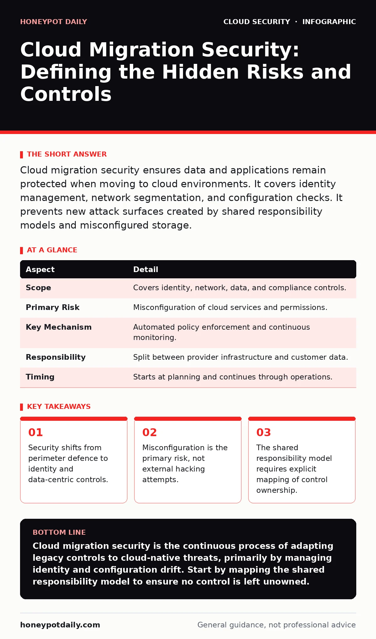 Infographic: Cloud Migration Security: Defining the Hidden Risks and Controls. Security shifts from perimeter defence to identity and data-centric controls. Misconfiguration is the primary risk, not external hacking attempts. The shared responsibility model requires explicit mapping of control owner
