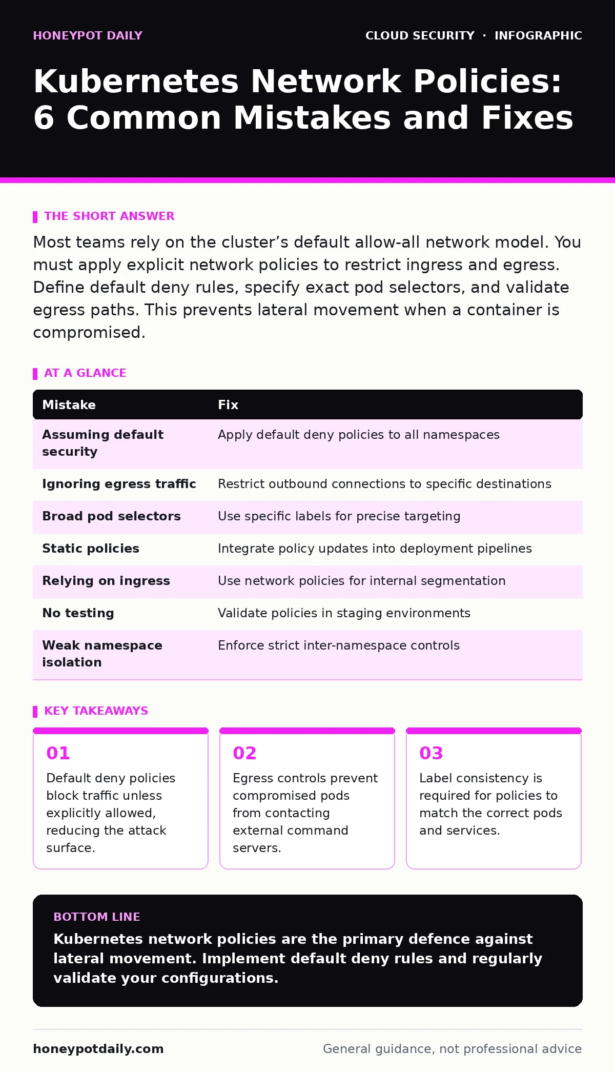 Infographic: Kubernetes Network Policies: 6 Common Mistakes and Fixes. Default deny policies block traffic unless explicitly allowed, reducing the attack surface. Egress controls prevent compromised pods from contacting external command servers. Label consistency is required for policies to match th