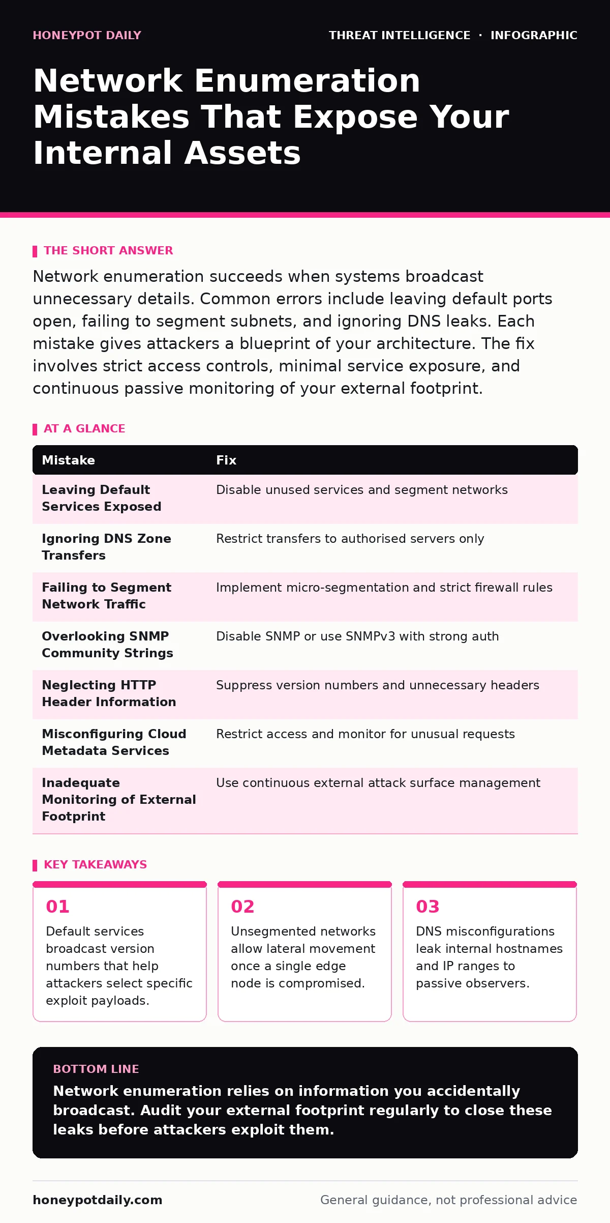 Infographic: Network Enumeration Mistakes That Expose Your Internal Assets. Default services broadcast version numbers that help attackers select specific exploit payloads. Unsegmented networks allow lateral movement once a single edge node is compromised. DNS misconfigurations leak internal hostnam