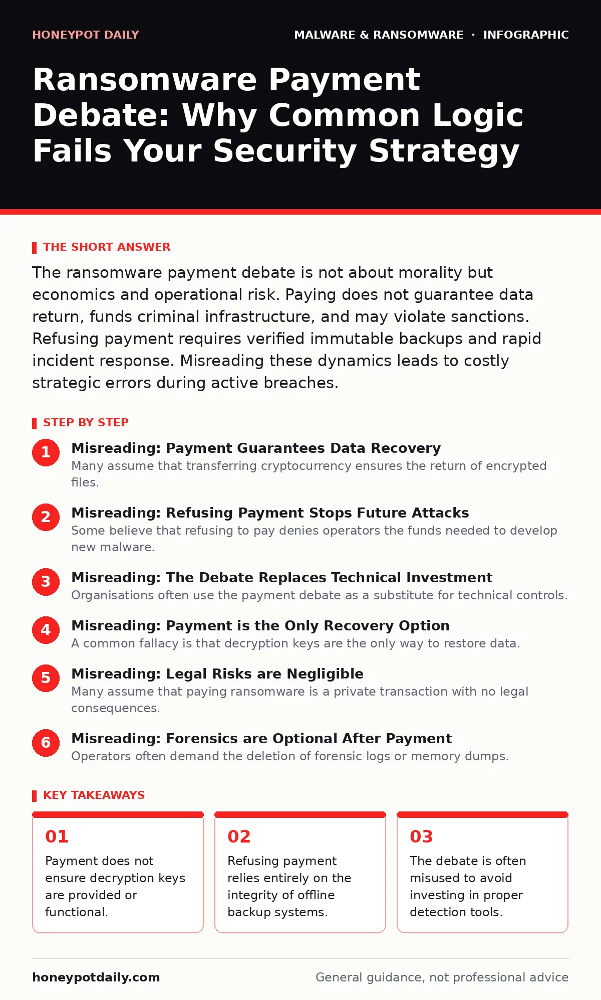 Infographic: Ransomware Payment Debate: Why Common Logic Fails Your Security Strategy. Payment does not ensure decryption keys are provided or functional. Refusing payment relies entirely on the integrity of offline backup systems. The debate is often misused to avoid investing in proper detection t