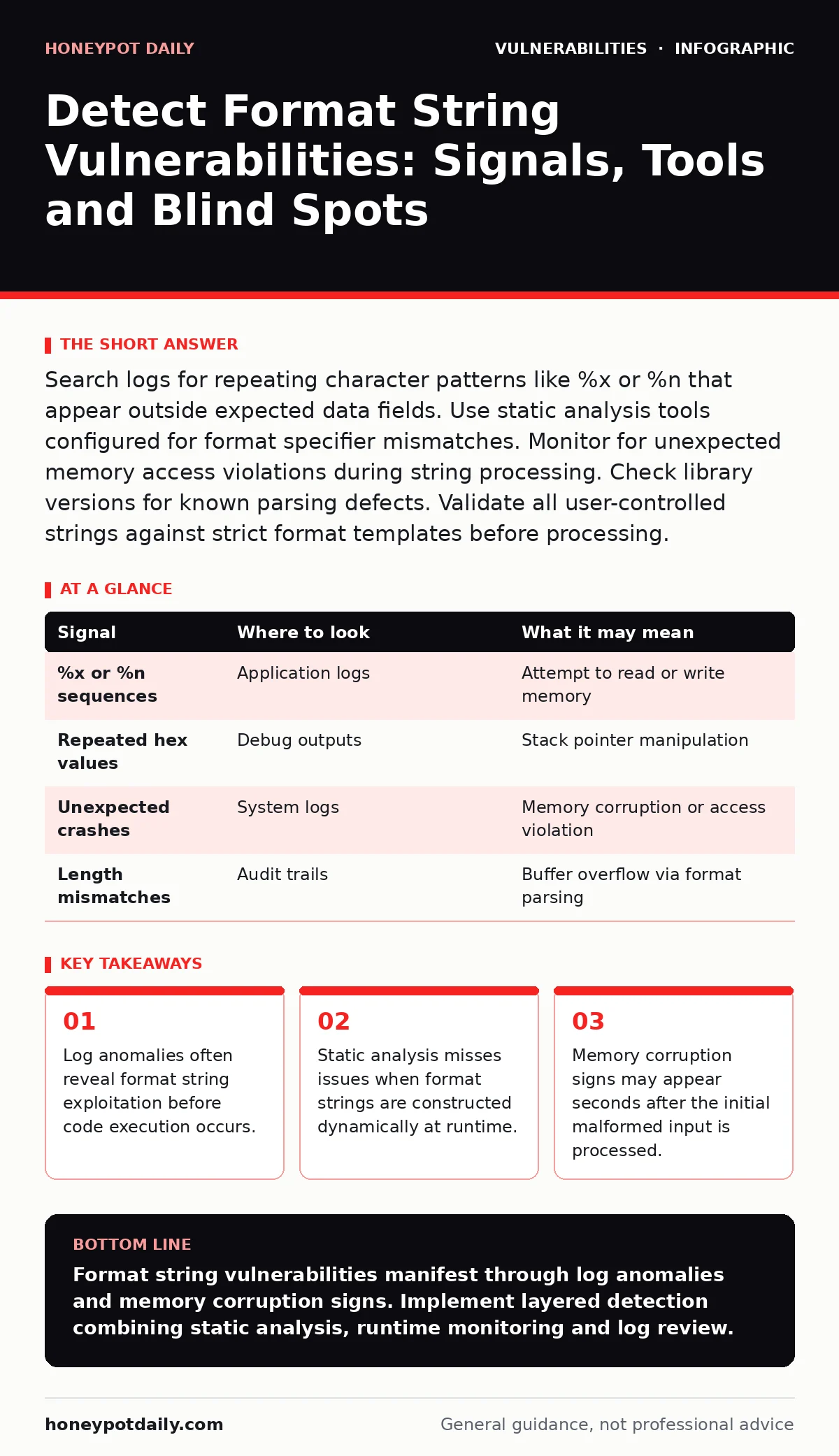 Infographic: Detect Format String Vulnerabilities: Signals, Tools and Blind Spots. Log anomalies often reveal format string exploitation before code execution occurs. Static analysis misses issues when format strings are constructed dynamically at runtime. Memory corruption signs may appear seconds