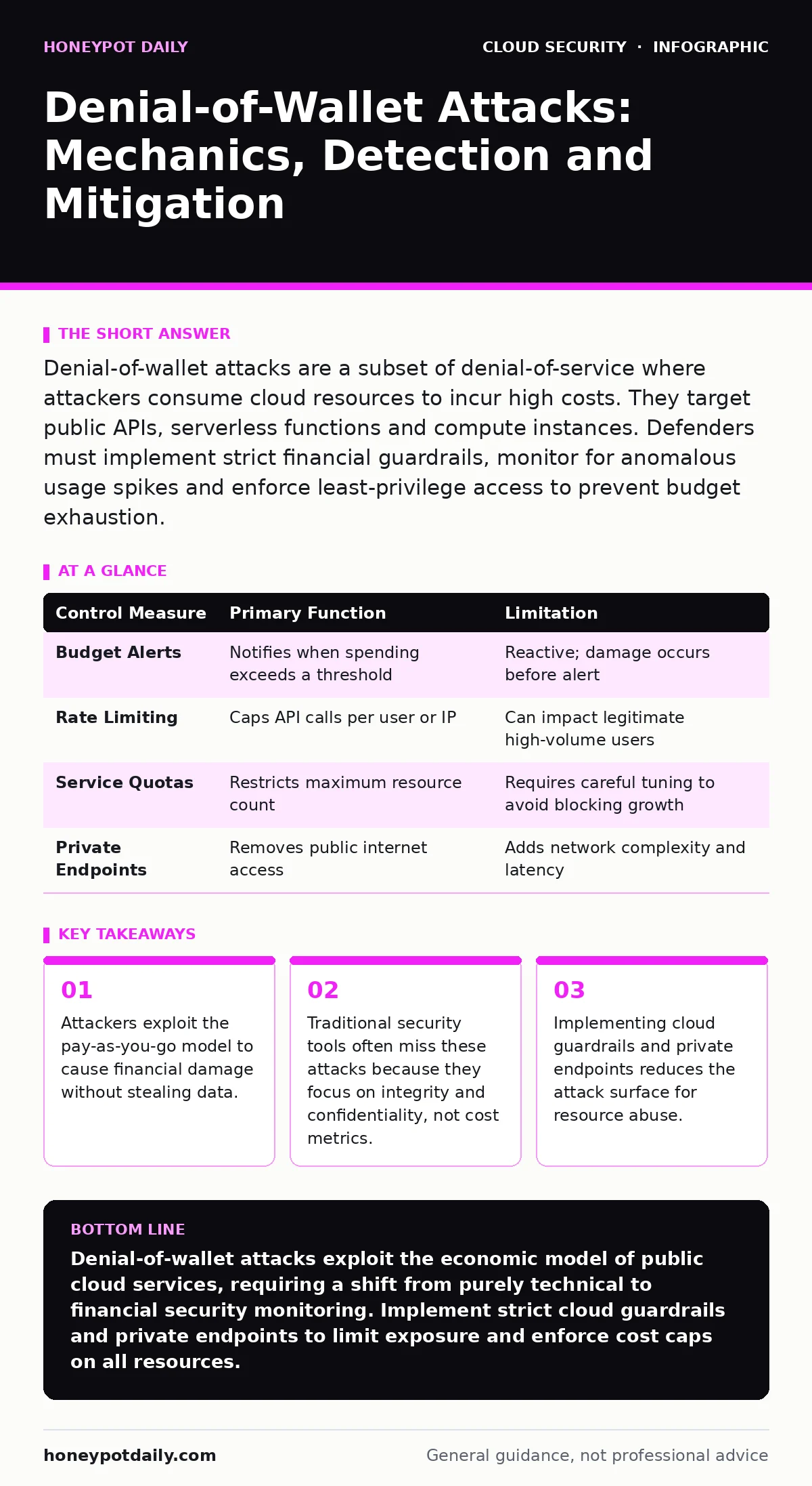 Infographic: Denial-of-Wallet Attacks: Mechanics, Detection and Mitigation. Attackers exploit the pay-as-you-go model to cause financial damage without stealing data. Traditional security tools often miss these attacks because they focus on integrity and confidentiality, not cost metrics. Implementi