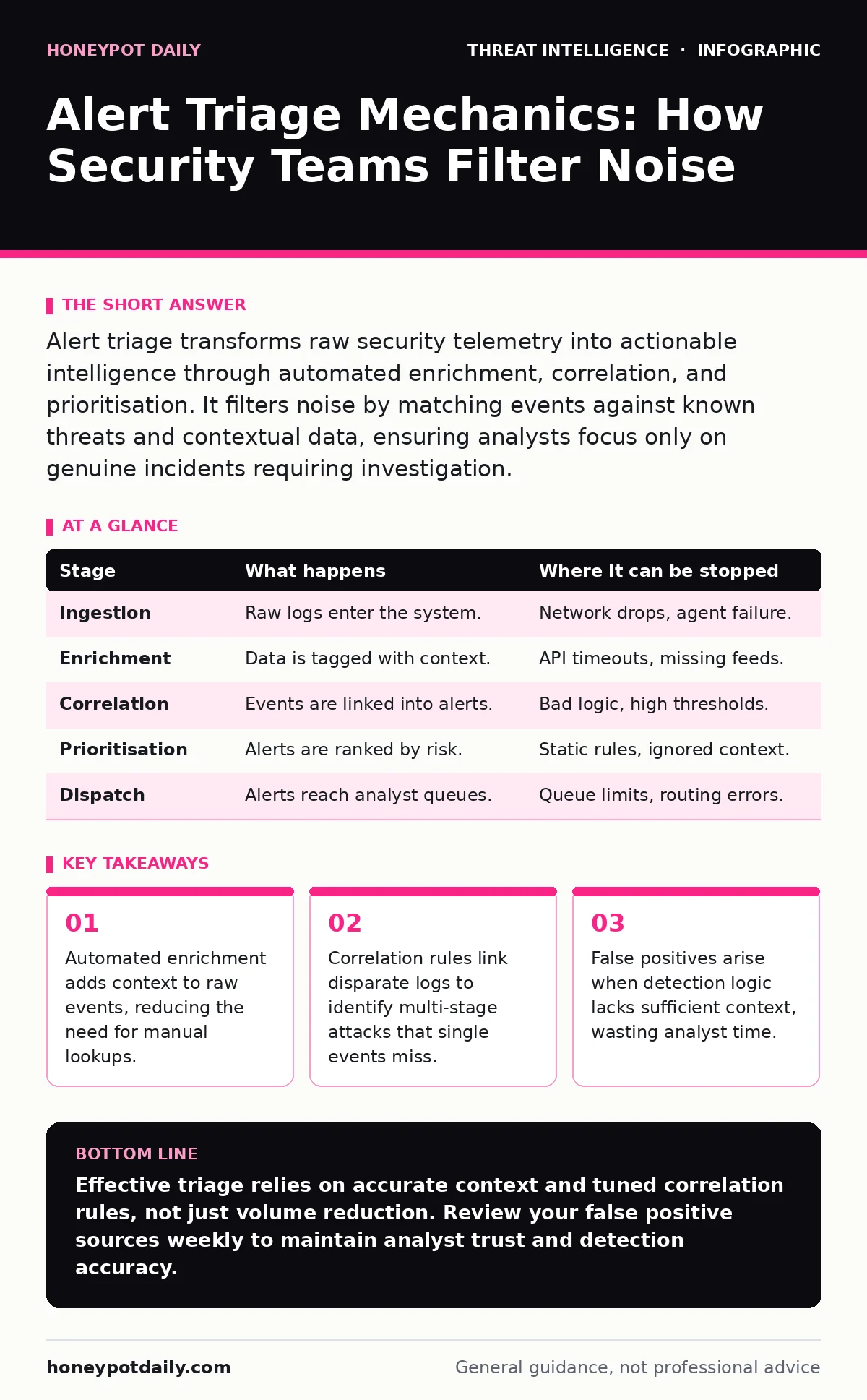 Infographic: Alert Triage Mechanics: How Security Teams Filter Noise. Automated enrichment adds context to raw events, reducing the need for manual lookups. Correlation rules link disparate logs to identify multi-stage attacks that single events miss. False positives arise when detection logic lacks