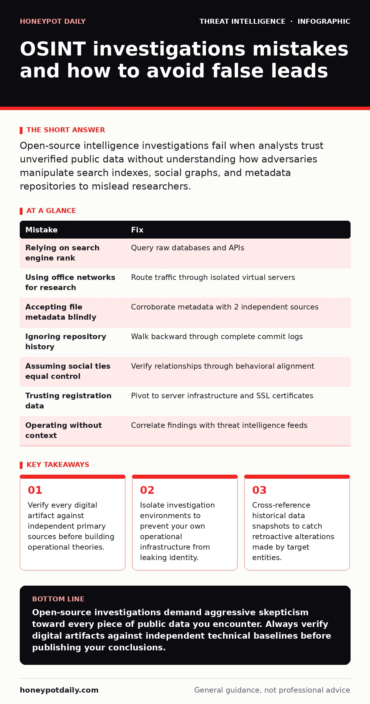 Infographic: OSINT investigations mistakes and how to avoid false leads. Verify every digital artifact against independent primary sources before building operational theories. Isolate investigation environments to prevent your own operational infrastructure from leaking identity. Cross-reference hi