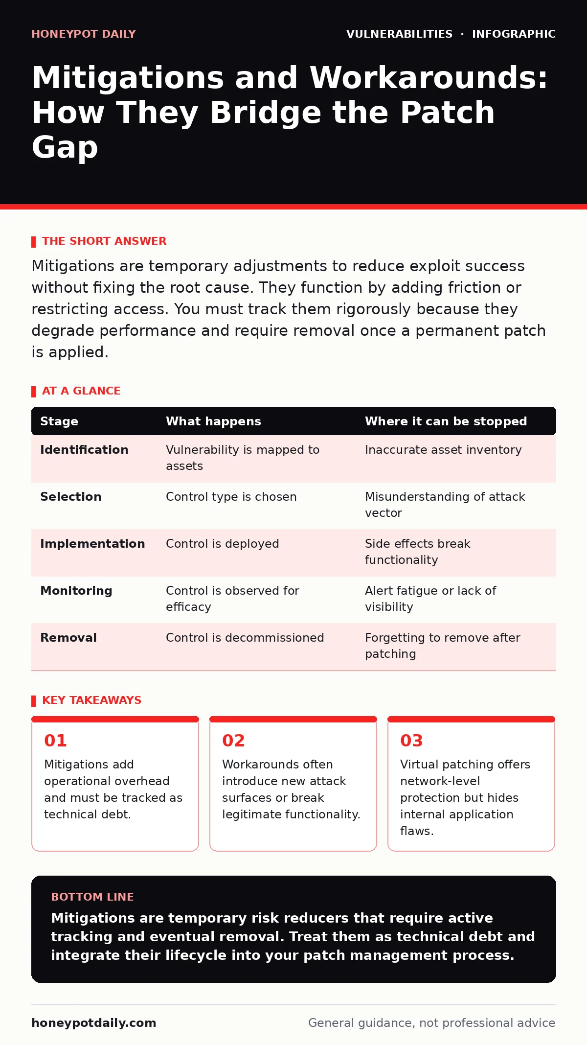Infographic: Mitigations and Workarounds: How They Bridge the Patch Gap. Mitigations add operational overhead and must be tracked as technical debt. Workarounds often introduce new attack surfaces or break legitimate functionality. Virtual patching offers network-level protection but hides internal