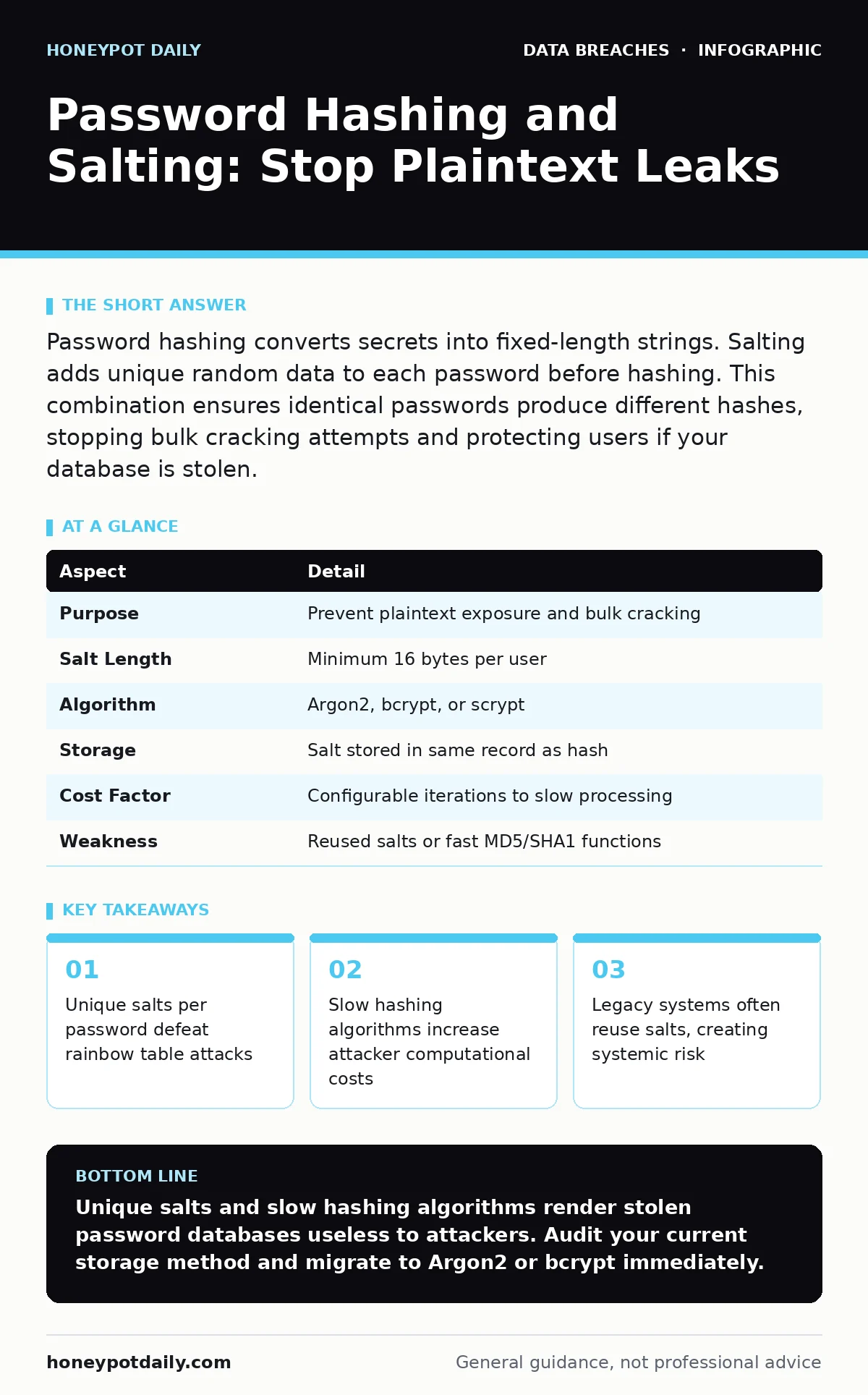 Infographic: Password Hashing and Salting: Stop Plaintext Leaks. Unique salts per password defeat rainbow table attacks Slow hashing algorithms increase attacker computational costs Legacy systems often reuse salts, creating systemic risk