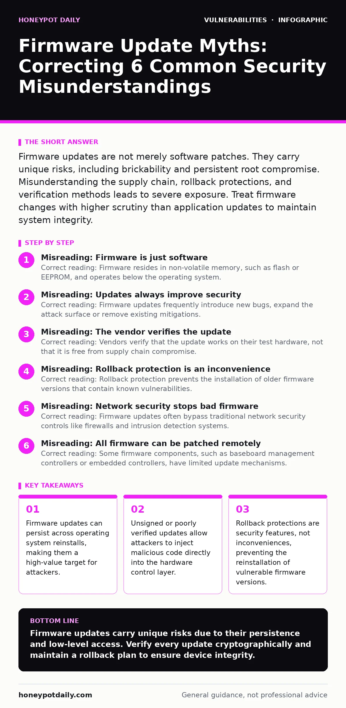 Infographic: Firmware Update Myths: Correcting 6 Common Security Misunderstandings. Firmware updates can persist across operating system reinstalls, making them a high-value target for attackers. Unsigned or poorly verified updates allow attackers to inject malicious code directly into the hardware