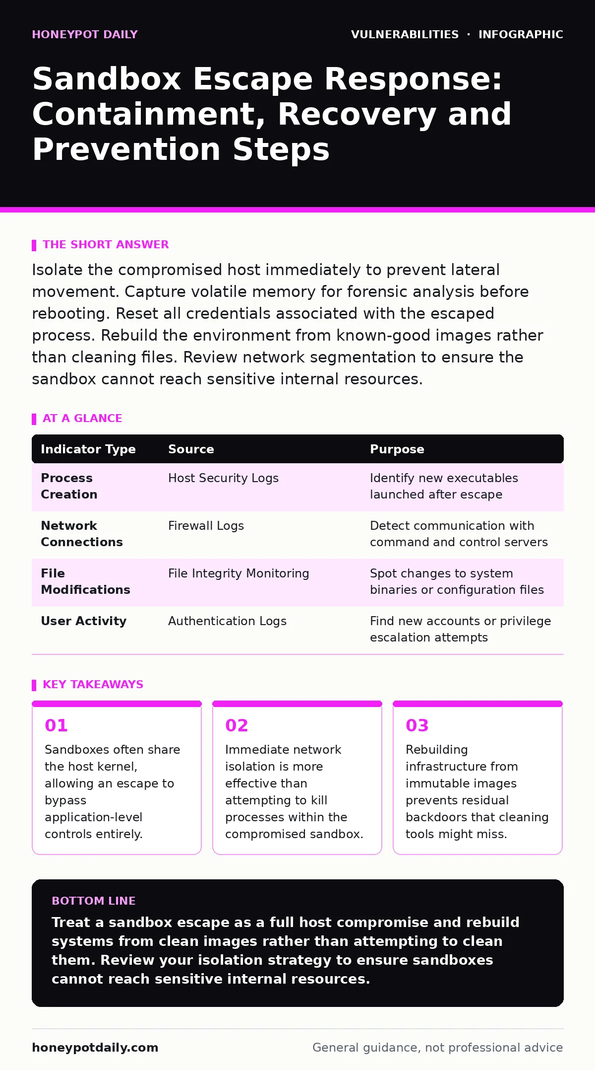 Infographic: Sandbox Escape Response: Containment, Recovery and Prevention Steps. Sandboxes often share the host kernel, allowing an escape to bypass application-level controls entirely. Immediate network isolation is more effective than attempting to kill processes within the compromised sandbox. R
