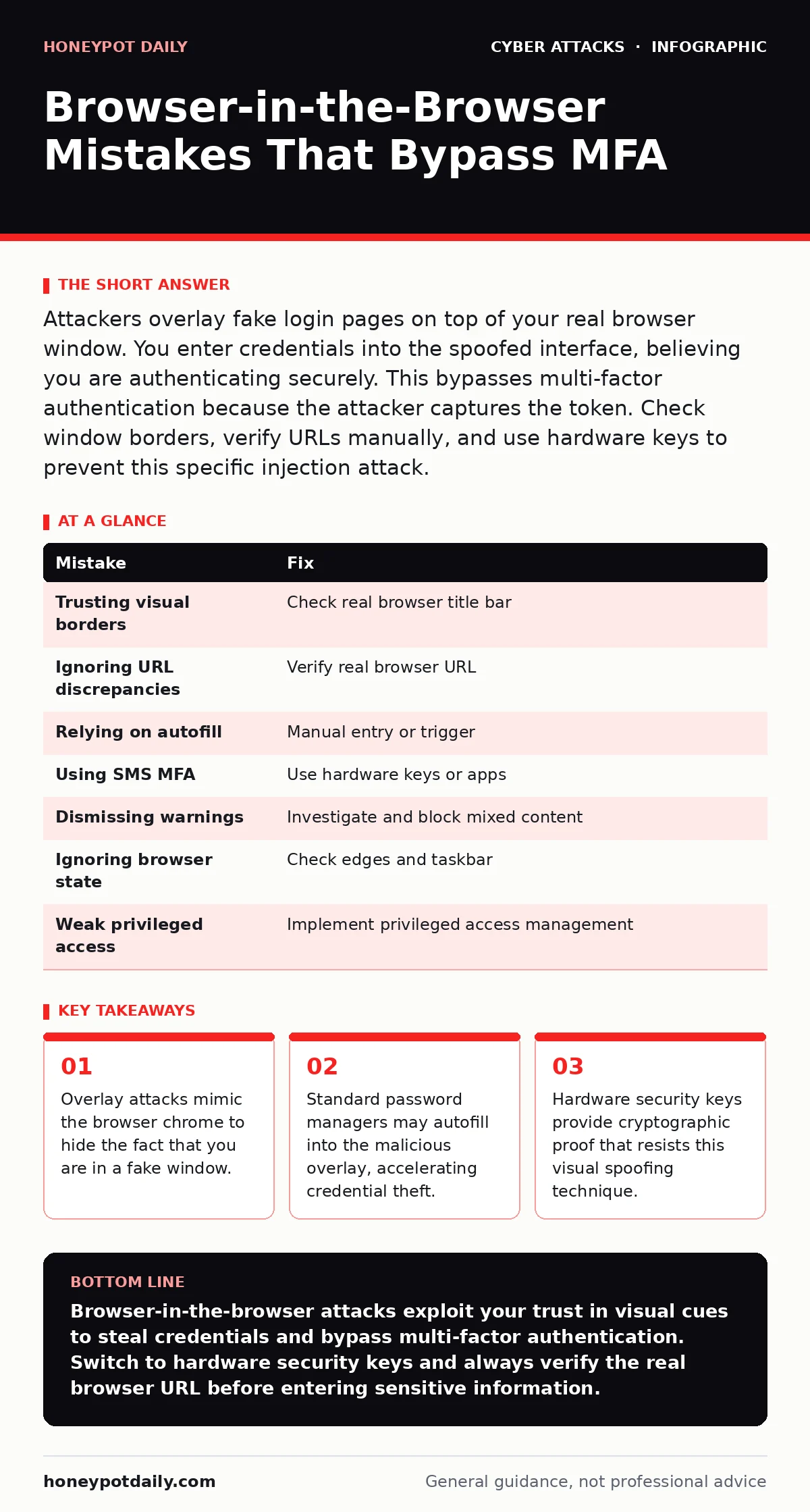 Infographic: Browser-in-the-Browser Mistakes That Bypass MFA. Overlay attacks mimic the browser chrome to hide the fact that you are in a fake window. Standard password managers may autofill into the malicious overlay, accelerating credential theft. Hardware security keys provide cryptographic proof