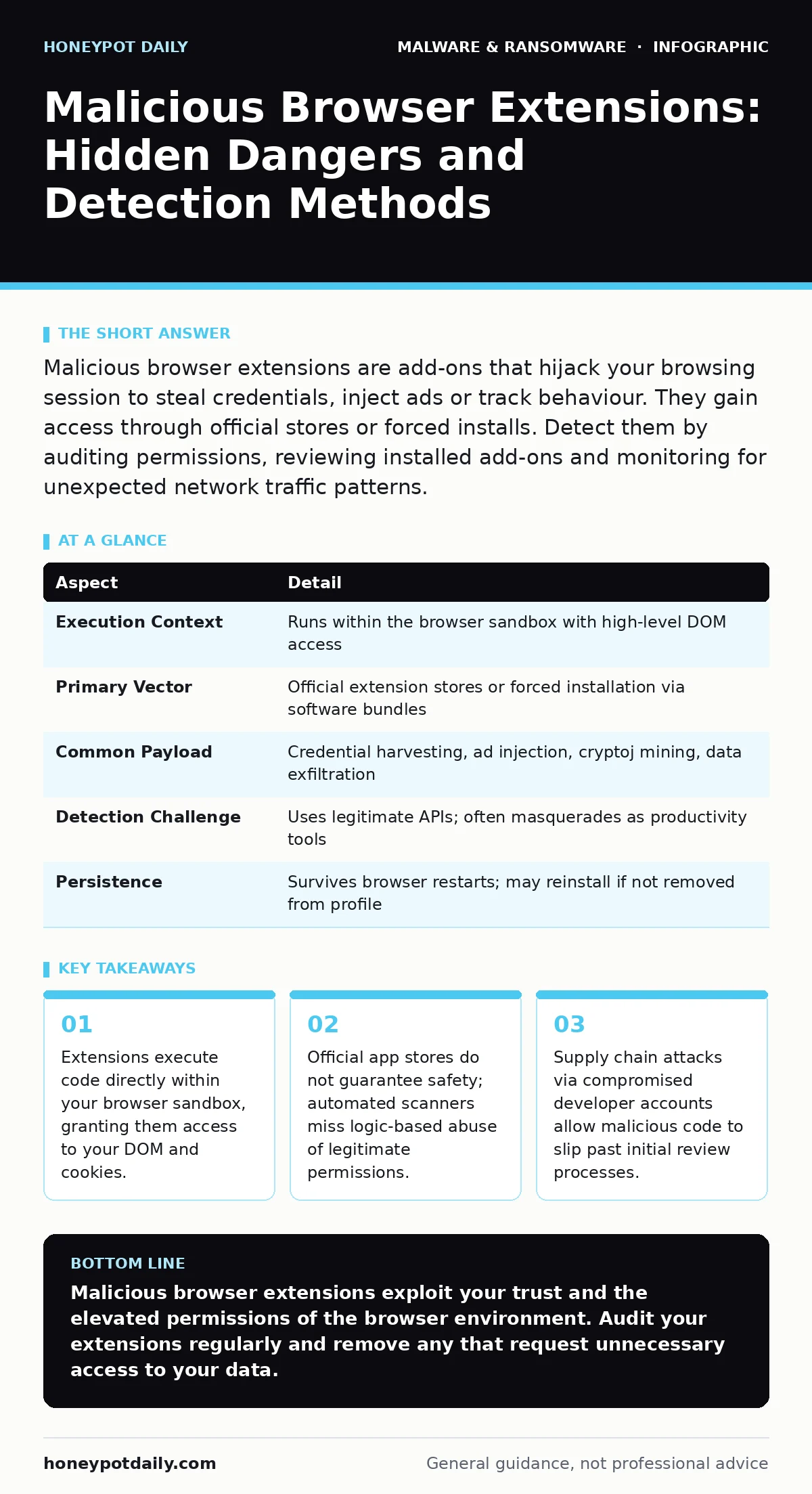 Infographic: Malicious Browser Extensions: Hidden Dangers and Detection Methods. Extensions execute code directly within your browser sandbox, granting them access to your DOM and cookies. Official app stores do not guarantee safety; automated scanners miss logic-based abuse of legitimate permission